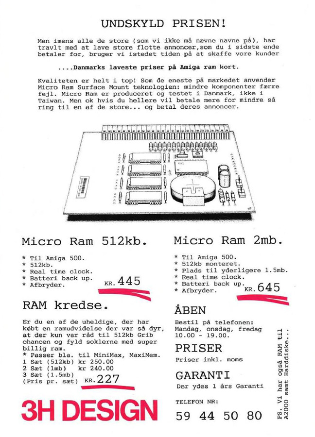 3H Design Micro RAM 2 MB - Zeitgen&ouml;ssische Werbung - Datum: 1991-03, Herkunft: DK