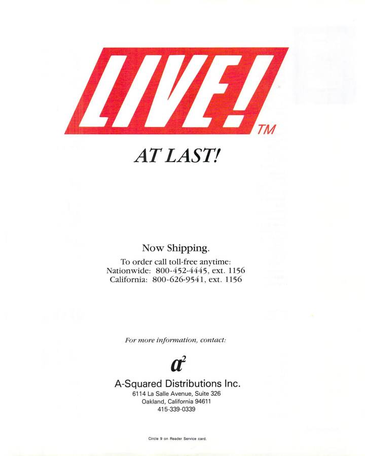 A-Squared Development Live! - Vintage Advert - Date: 1987-12, Origin: US