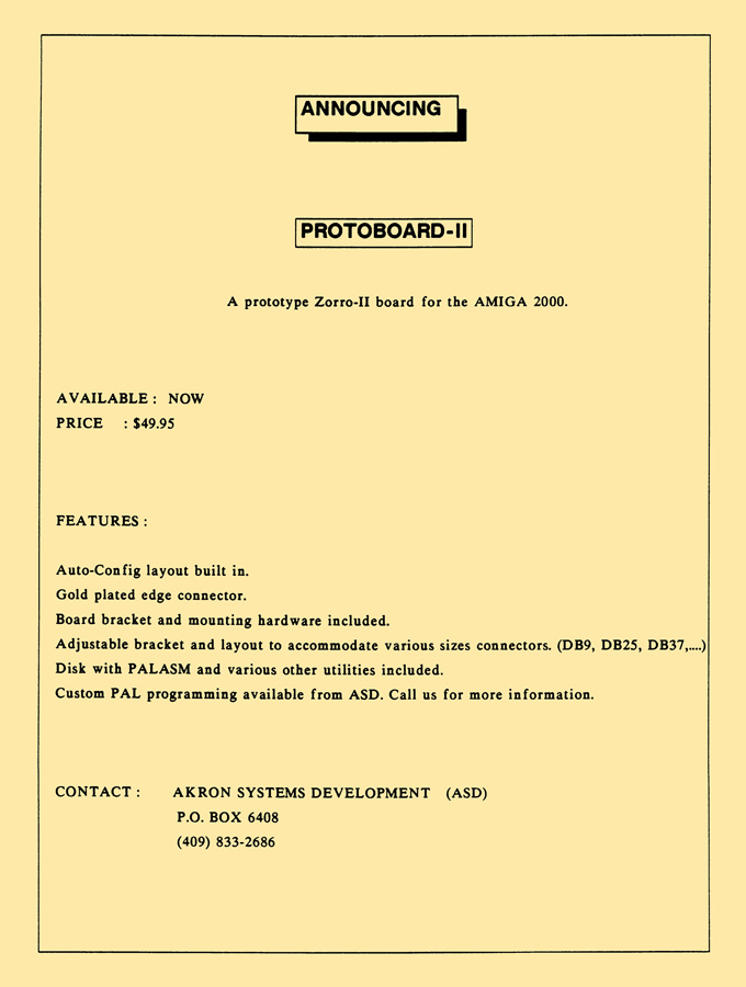 Akron Systems Development Protoboard-II - Vintage Advert - Date: 1988-04, Origin: US