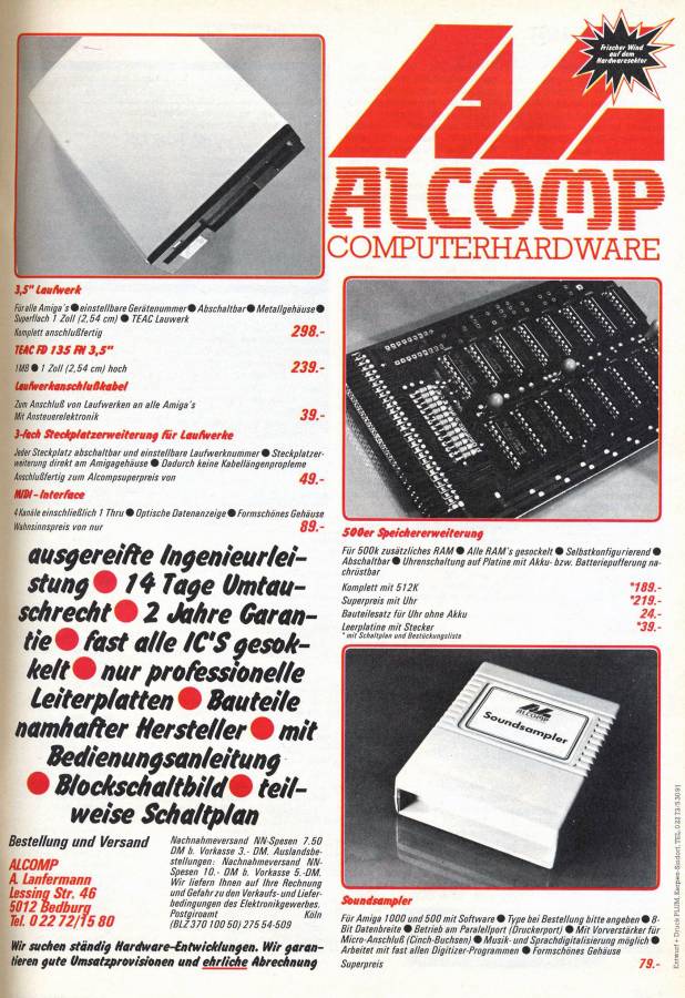 Alcomp Soundsampler Amiga 1000 - Vintage Advert - Date: 1988-03, Origin: DE