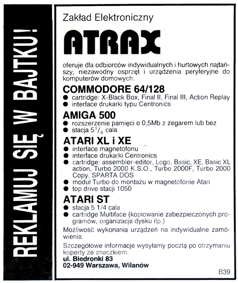 AtraX 512kB RAM - Zeitgen&ouml;ssische Werbung - Datum: 1990-07 Bajtek 07/1990, Herkunft: PL