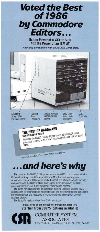 Computer System Associates Turbo Amiga (Cube) - Vintage Advert - Date: 1987-03, Origin: US
