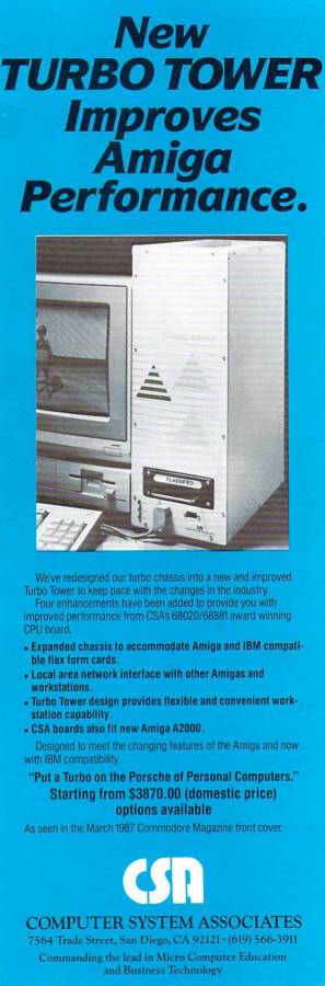 Computer System Associates Turbo Amiga Tower - Vintage Ad (Datum: 1987-03, Herkunft: US)