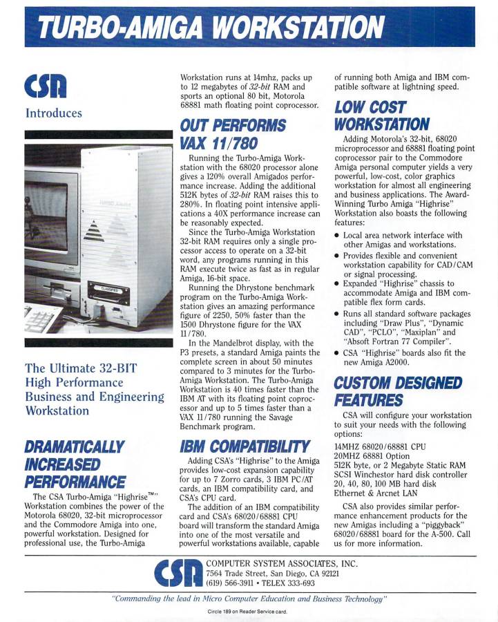 Computer System Associates Turbo Amiga Tower - Vintage Advert - Date: 1987-09, Origin: US