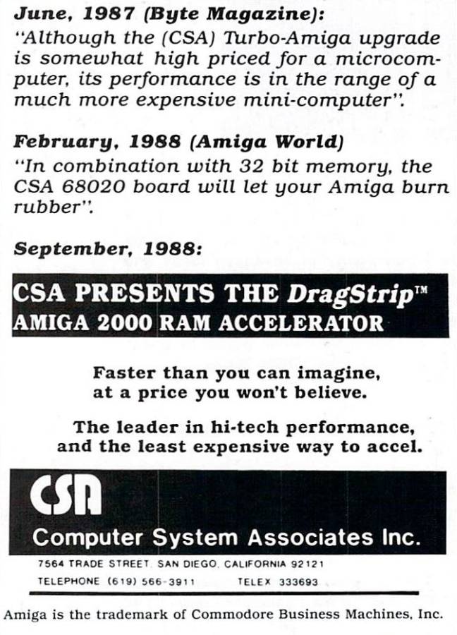 Computer System Associates Turbo Amiga CPU (A2000) - Vintage Ad (Datum: 1988-10, Herkunft: US)