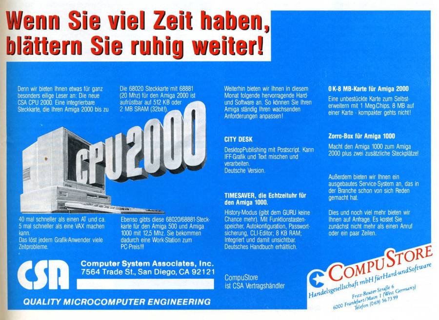 Computer System Associates Turbo Amiga CPU (A2000) - Vintage Ad (Datum: 1987-12, Herkunft: DE)