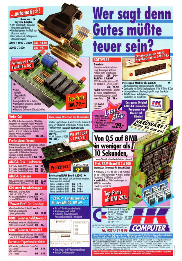 HK-Computer Vector A2000i (Professional RAM Board) - Vintage Advert - Date: 1991-09, Origin: DE