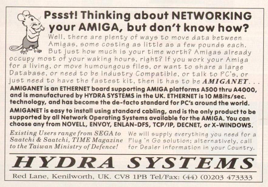 Hydra Systems AmigaNet - Vintage Advert - Date: 1994-08, Origin: GB