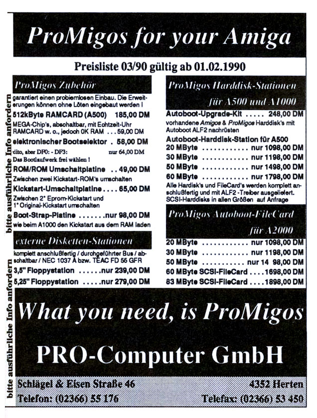 Flesch und Hörnemann Computer / Pro-Computer Amigos / Promigos Harddisk - Zeitgenössische Werbung - Datum: 1990-03, Herkunft: DE