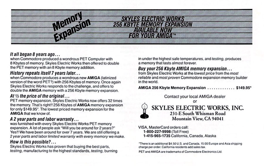 Skyles Electric Works 256 kB Memory Expansion - Zeitgenössische Werbung - Datum: 1986-05, Herkunft: US