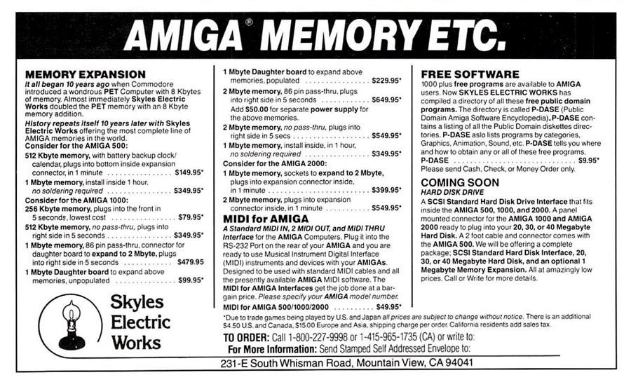 Skyles Electric Works MIDI for Amiga - Vintage Advert - Date: 1987-11, Origin: US