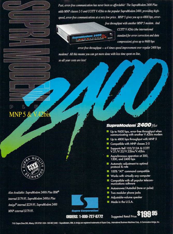 Supra SupraModem 2400zi Plus - Vintage Advert - Date: 1991-12, Origin: US