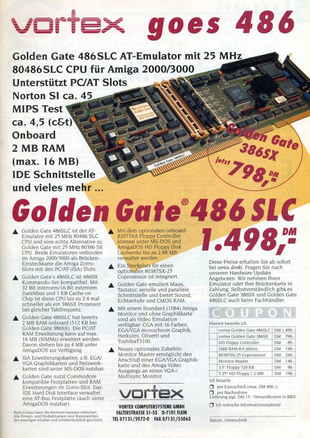 Vortex Golden Gate 386SX & 486SLC & 486SLC2 - Vintage Ad (Datum: 1992-11, Herkunft: DE)