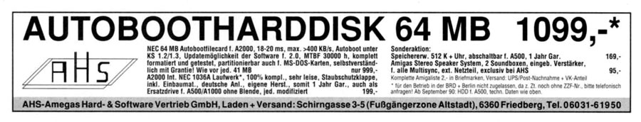 AHS (Amegas Hard- & Software) Filecard 2000 - Vintage Advert - Date: 1990-09, Origin: DE