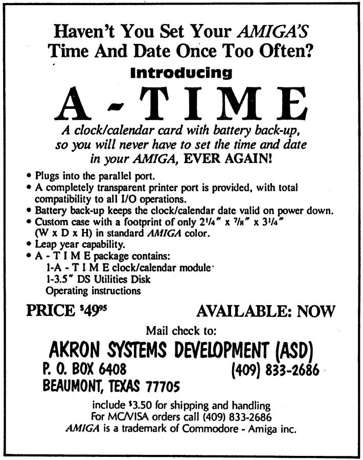 Akron Systems Development A-Time - Zeitgenössische Werbung - Datum: 1986-03, Herkunft: US