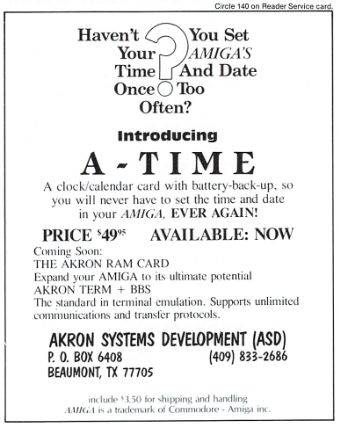 Akron Systems Development A-Time - Zeitgenössische Werbung - Datum: 1986-03, Herkunft: US