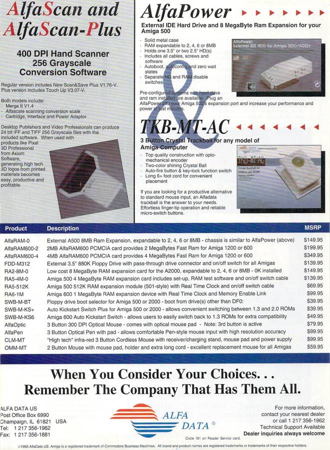 Alfa Data AlfaScan / AlfaScan-Plus - Zeitgenössische Werbung - Datum: 1993-04, Herkunft: US