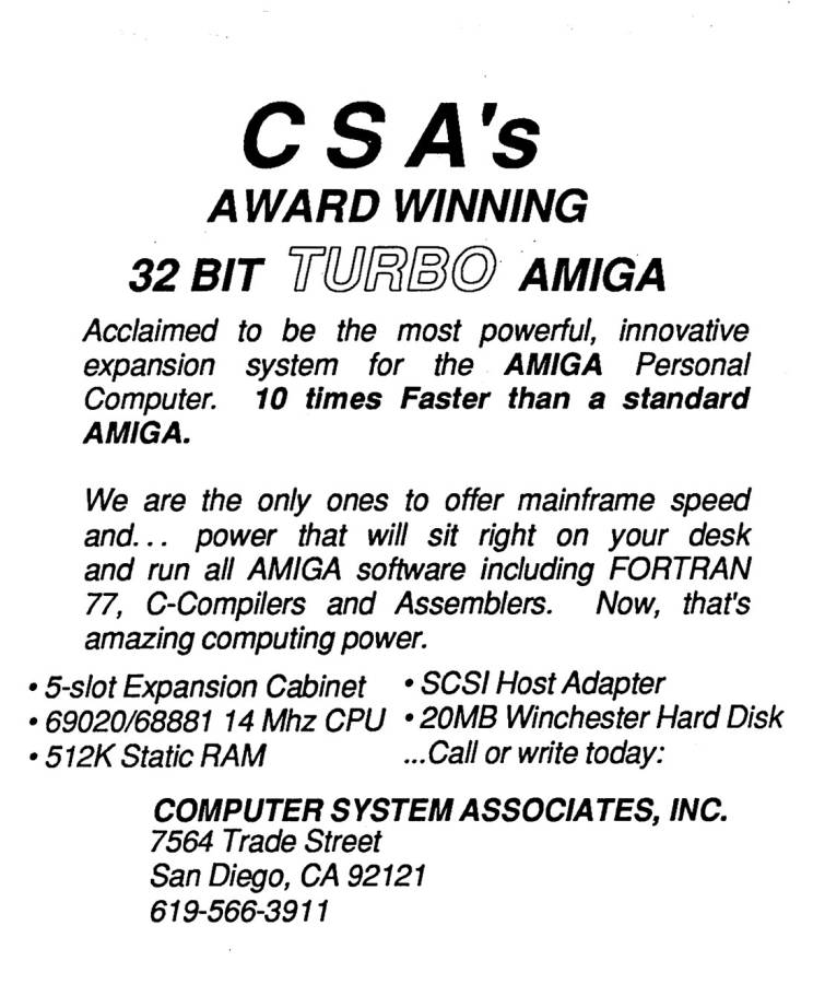 Computer System Associates Turbo Amiga (Cube) - Zeitgenössische Werbung - Datum: 1986-09, Herkunft: US