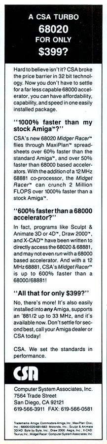 Computer System Associates Midget Racer - Vintage Advert - Date: 1989-08, Origin: US