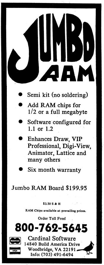 Cardinal Software Jumbo RAM - Zeitgenössische Werbung - Datum: 1987-02, Herkunft: US
