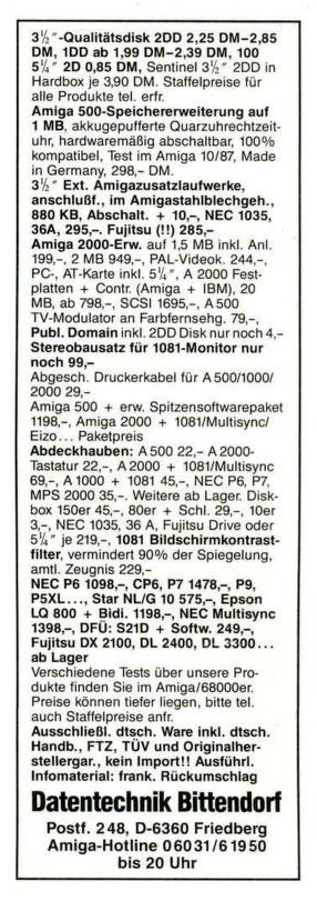 Datentechnik Bittendorf / Amegas Hard- & Software 512K Expansion - Zeitgen&ouml;ssische Werbung - Datum: 1987-10, Herkunft: DE
