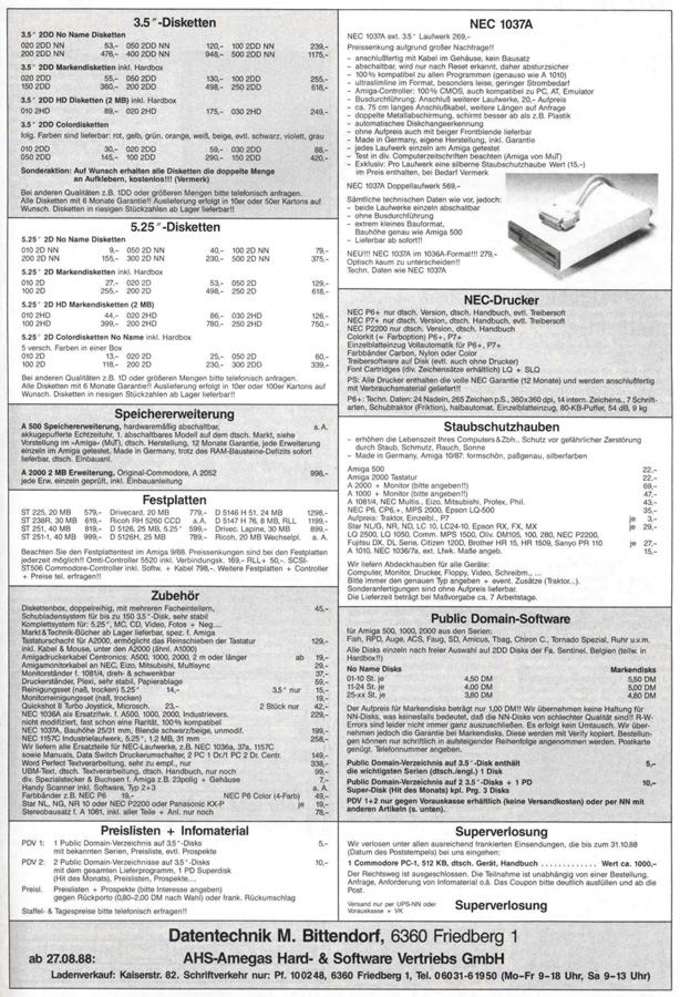 Datentechnik Bittendorf / Amegas Hard- & Software 512K Expansion - Zeitgen&ouml;ssische Werbung - Datum: 1988-10, Herkunft: DE