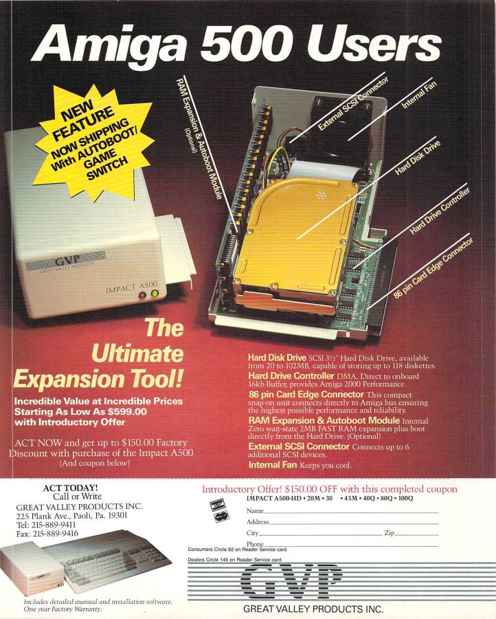 Great Valley Products Impact A500-SCSI - Zeitgenössische Werbung - Datum: 1989-06, Herkunft: US