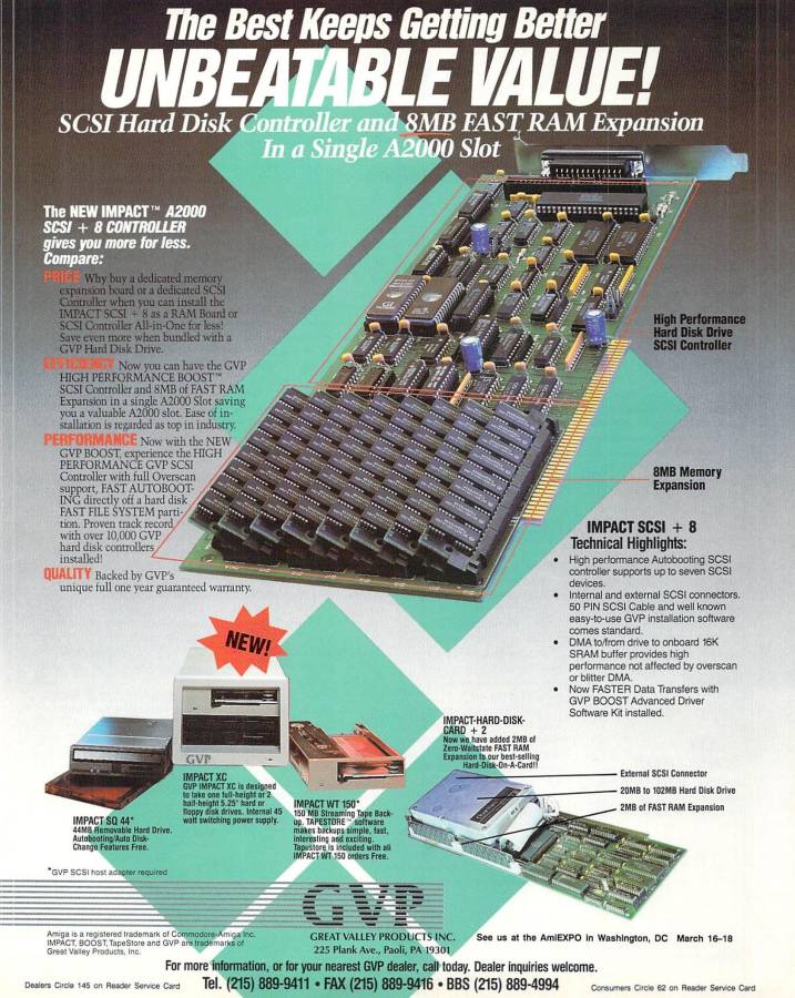 Great Valley Products Impact A2000-SCSI+8 - Vintage Ad (Datum: 1990-03, Herkunft: US)