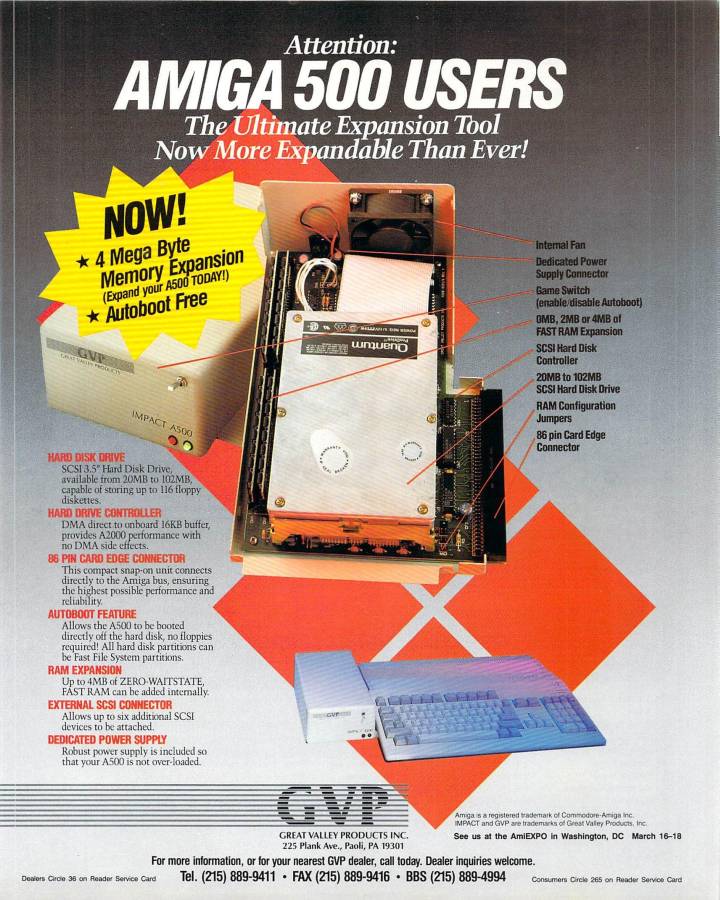 Great Valley Products Impact A500-SCSI+4 - Zeitgenössische Werbung - Datum: 1990-03, Herkunft: US