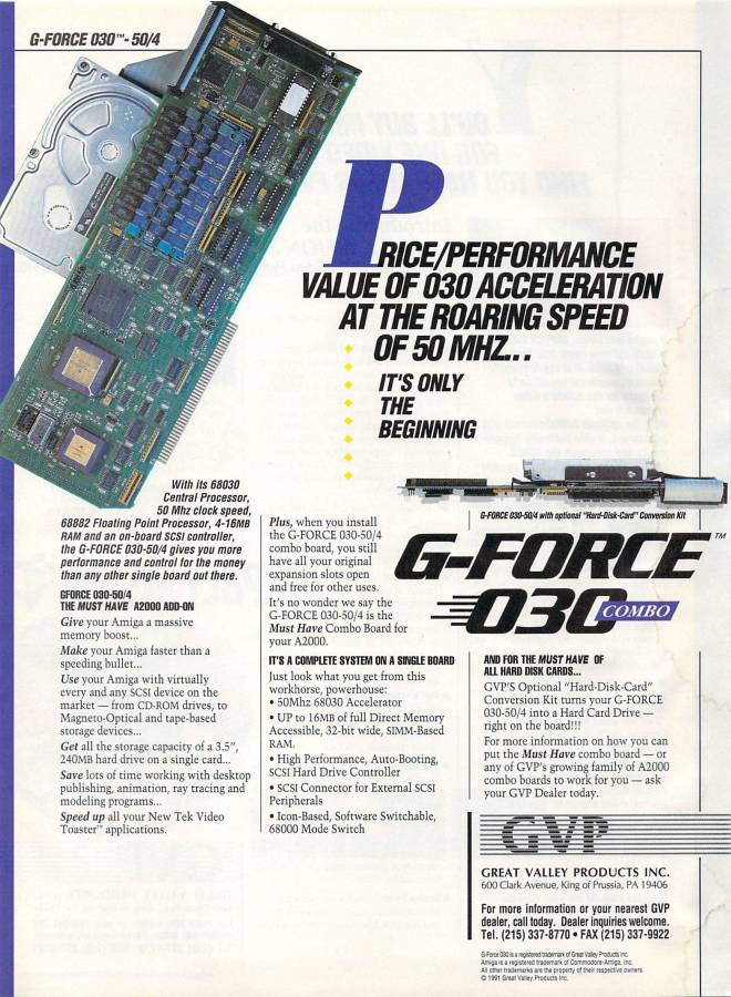 Great Valley Products G-Force 030 (Impact A2000-030 Combo Series II) - Zeitgenössische Werbung - Datum: 1992-02, Herkunft: US
