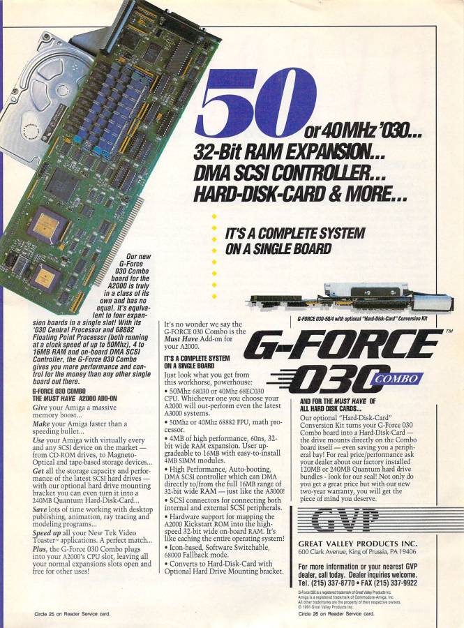 Great Valley Products G-Force 030 (Impact A2000-030 Combo Series II) - Zeitgenössische Werbung - Datum: 1992-03, Herkunft: US