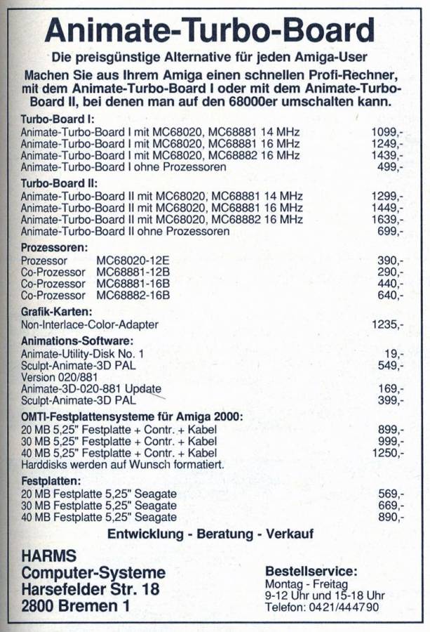 Harms Computertechnik Animate Turbo-Board I & II - Zeitgenössische Werbung - Datum: 1989-02, Herkunft: DE