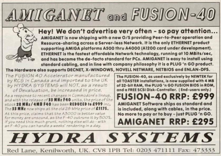 Hydra Systems AmigaNet - Zeitgenössische Werbung - Datum: 1993-04, Herkunft: GB