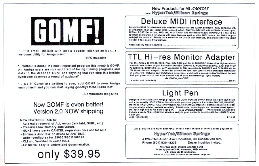 Hypertek / Silicon Springs Development Deluxe MIDI Interface - Zeitgen&ouml;ssische Werbung - Datum: 1988-01, Herkunft: US