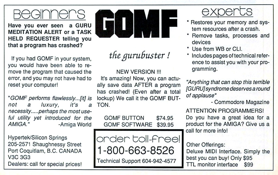 Hypertek / Silicon Springs Development G.O.M.F. 3.0 - Zeitgen&ouml;ssische Werbung - Datum: 1988-08, Herkunft: US