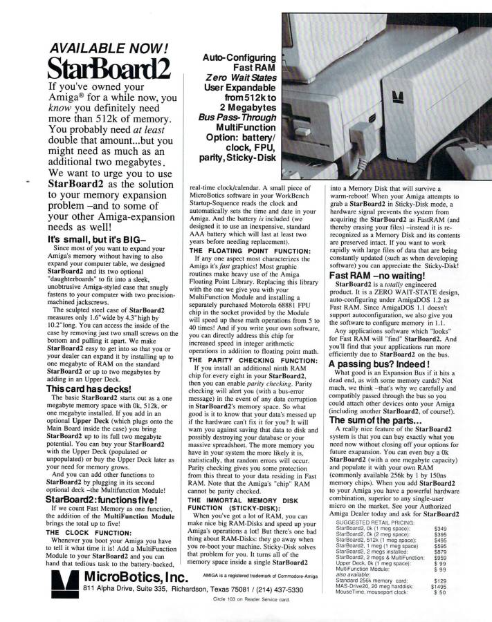 Microbotics StarBoard 2 - Zeitgenössische Werbung - Datum: 1987-05, Herkunft: US