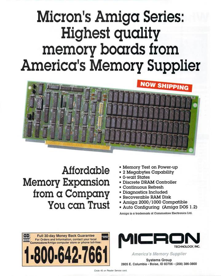 Micron Technology Amiga Memory - Zeitgenössische Werbung - Datum: 1987-09, Herkunft: US