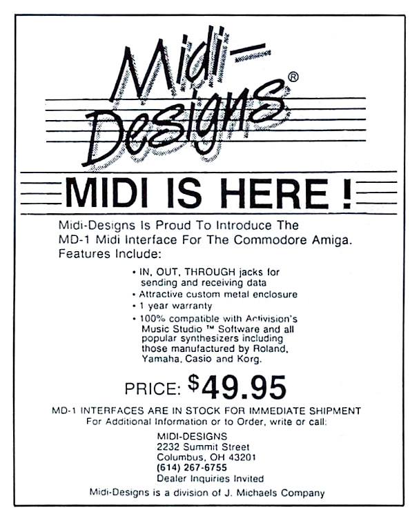 Midi-Designs MD-1 Midi Interface - Zeitgen&ouml;ssische Werbung - Datum: 1986-07, Herkunft: US