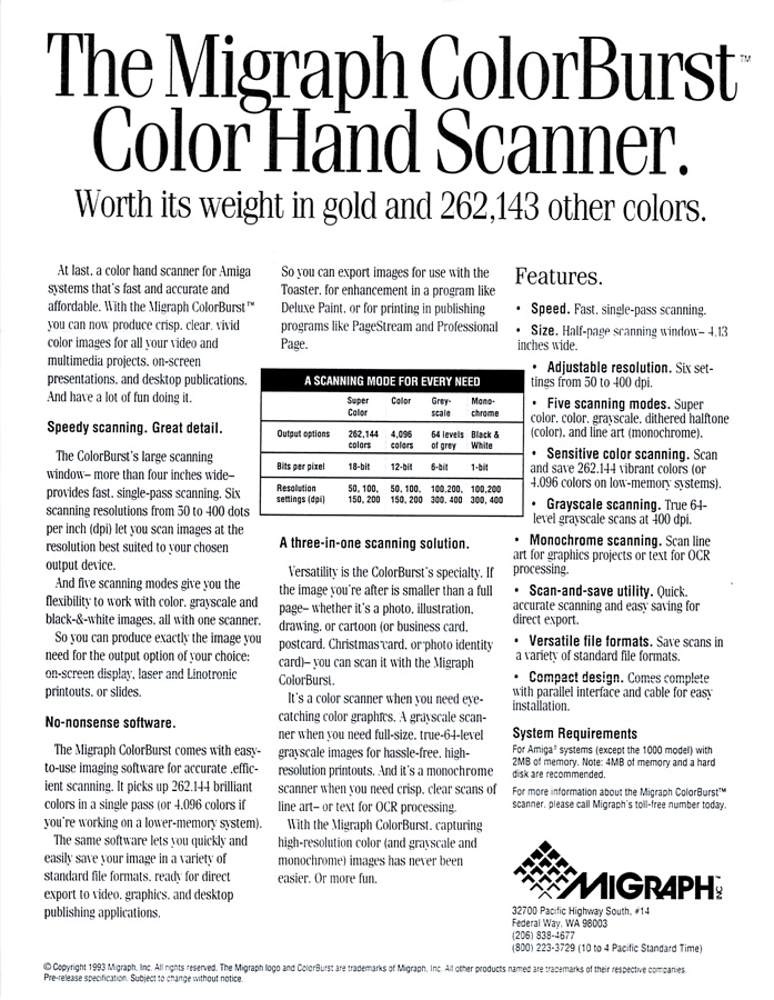 Migraph Colorburst Hand Scanner - Vintage Advert - Date: 1993-06, Origin: US