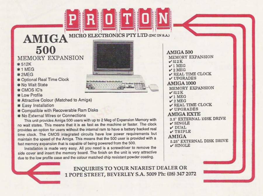 Proton Microelectronics Amiga RAM Board - Zeitgenössische Werbung - Datum: 1988-01, Herkunft: AU