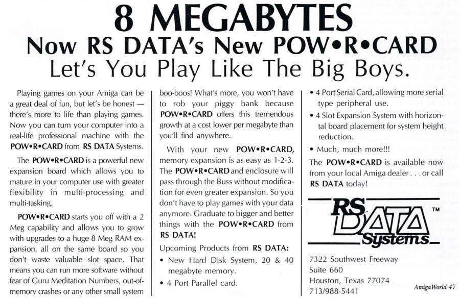 RS Data Systems PowRCard - Zeitgenössische Werbung - Datum: 1987-01, Herkunft: US