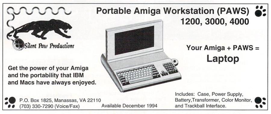 Silent Paw Productions Portable Amiga Workstation (PAWS) - Zeitgenössische Werbung - Datum: 1995-02, Herkunft: US