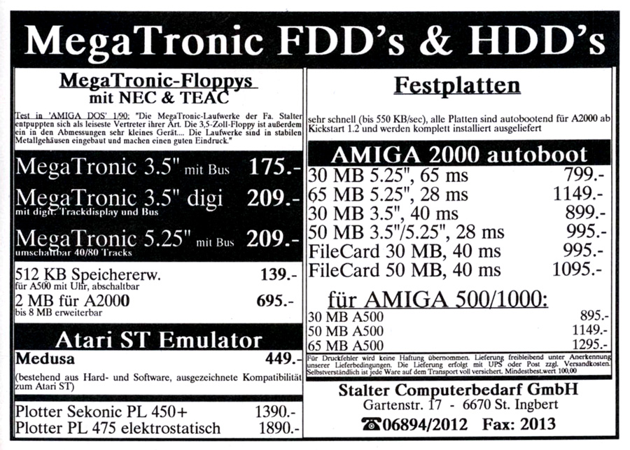 Stalter Computerbedarf Megatronic HDD A500/A1000 - Zeitgen&ouml;ssische Werbung - Datum: 1990-08, Herkunft: DE