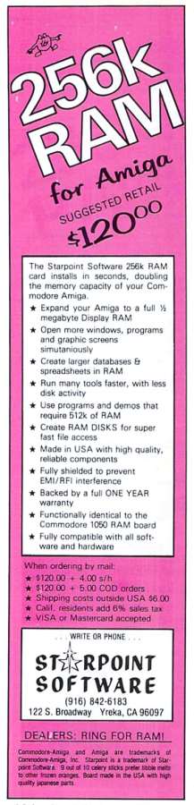 Starpoint Software 256k RAM Board - Vintage Advert - Date: 1986-08, Origin: US