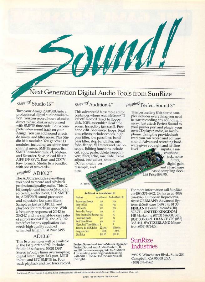 Sunrize Industries Perfect Sound - Vintage Ad (Datum: 1991-12, Herkunft: US)