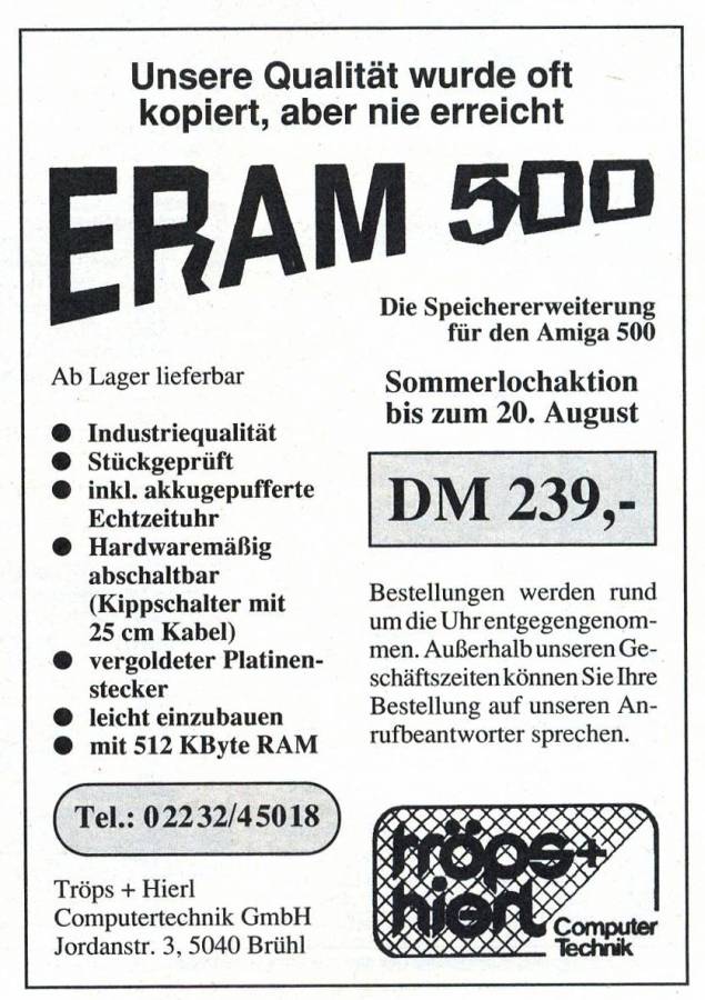 Tröps Computertechnik ERAM 500 - Zeitgenössische Werbung - Datum: 1989-08, Herkunft: DE
