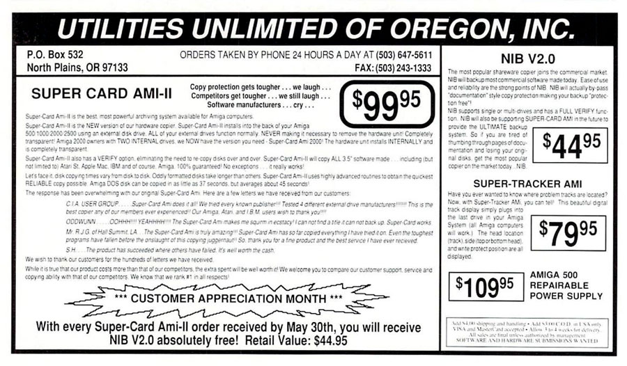 Utilities Unlimited Super-Card Ami II - Vintage Advert - Date: 1990-05, Origin: US