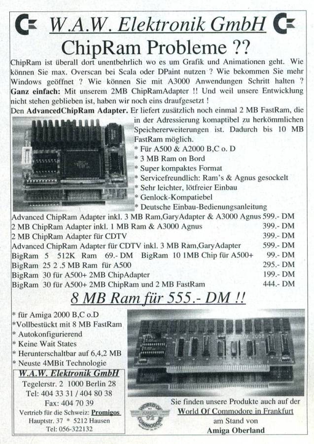 W.A.W. Elektronik Advanced ChipRAM Adapter - Zeitgenössische Werbung - Datum: 1992-11, Herkunft: DE