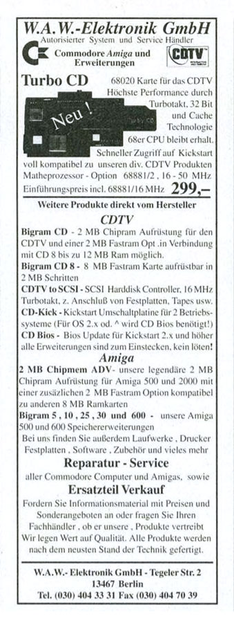 W.A.W. Elektronik Turbo CD - Zeitgenössische Werbung - Datum: 1995-02, Herkunft: DE
